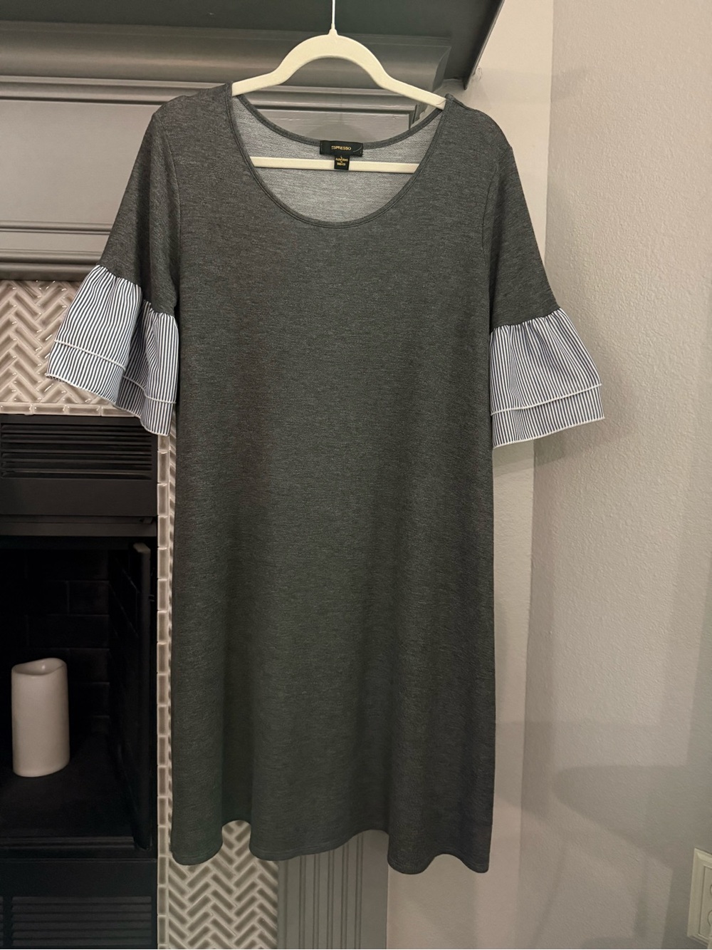 Espresso Charcoal Shift Dress with Striped Ruffle Sleeves